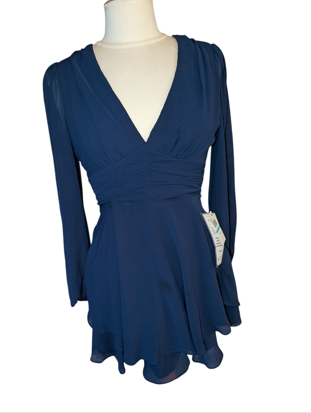 B. Darlin NWT Navy Blue Mini Dress, Sheer Long Sleeves, Plunge Neck